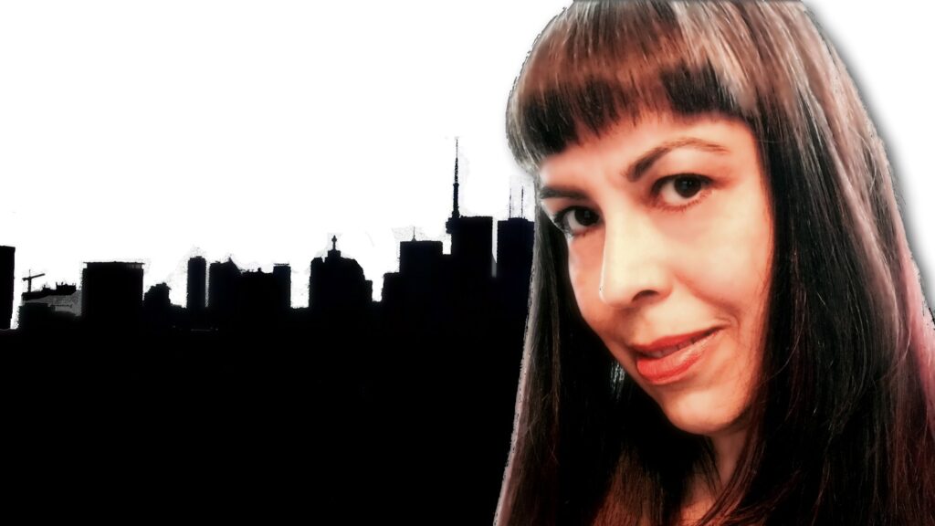 Image of me superimposed over silhouette of Toronto skyline. My photos in a collage.