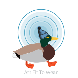 Art Fit To Wear of my mascot graphic. Mallard duck wearing a blue toque against blue circles. Duck has bright orange feet.