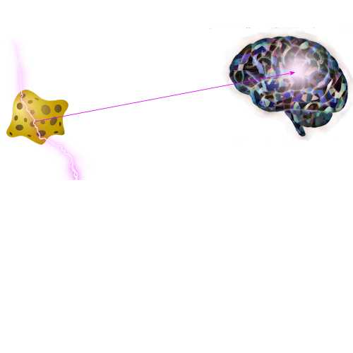 yellow sponge with lightning symbolizing electricity and pink arrow showing direction of flow to brain illustration with a spot of light symbolizing stimulation